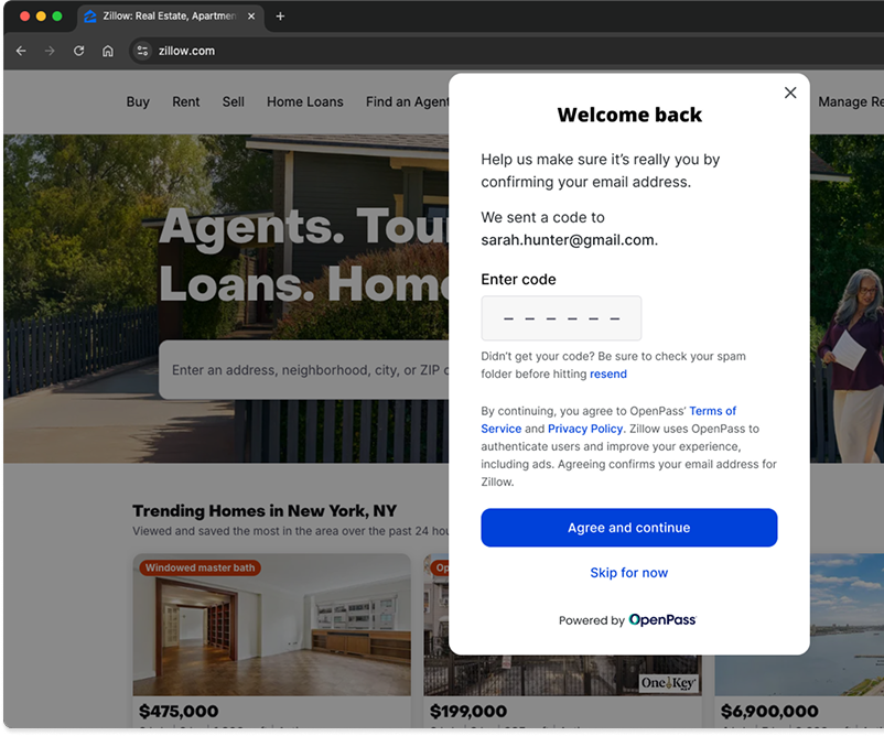 The Zillow + OpenPass migration consent modal