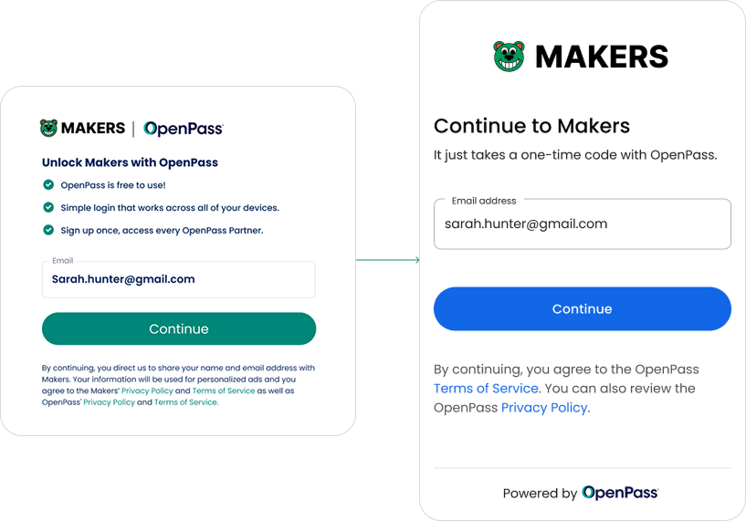 Before and after comparison: OpenPass-led sign-in vs. publisher-led, neutralized OpenPass branding