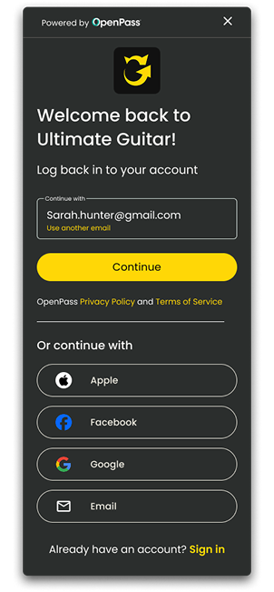 The Ultimate Guitar co-branded OpenPass sign-in experience