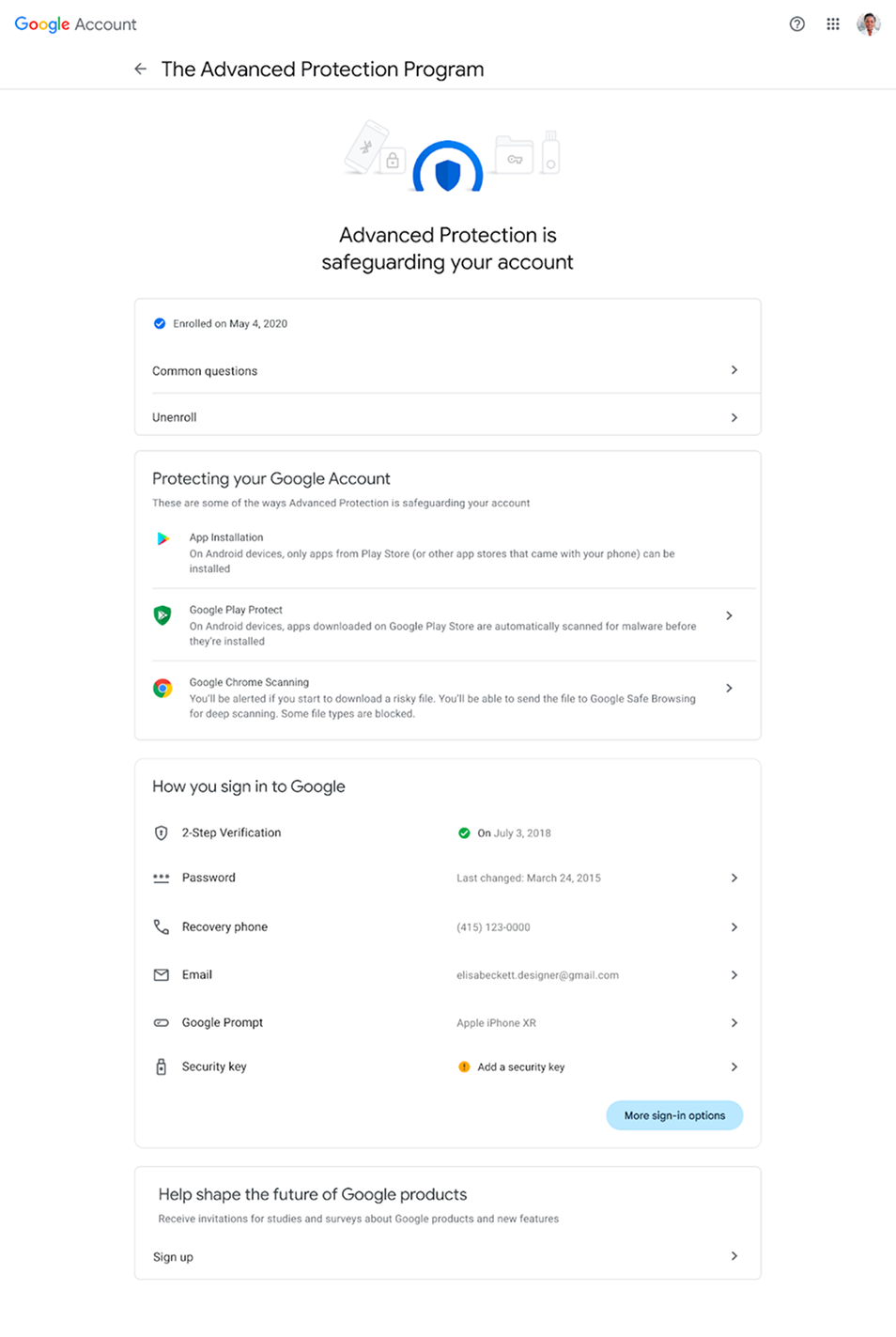 Final review step showing app access changes before turning on Advanced Protection