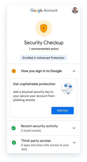 Security Checkup showing Advanced Protection recommendation