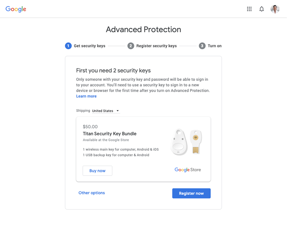 The original Advanced Protection enrollment flow requiring two physical security keys