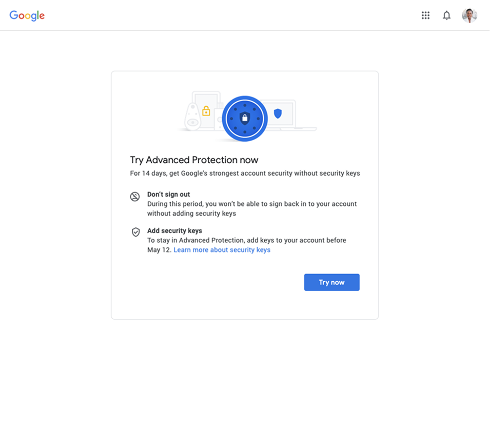 Advanced Protection instant enrollment flow from 2019