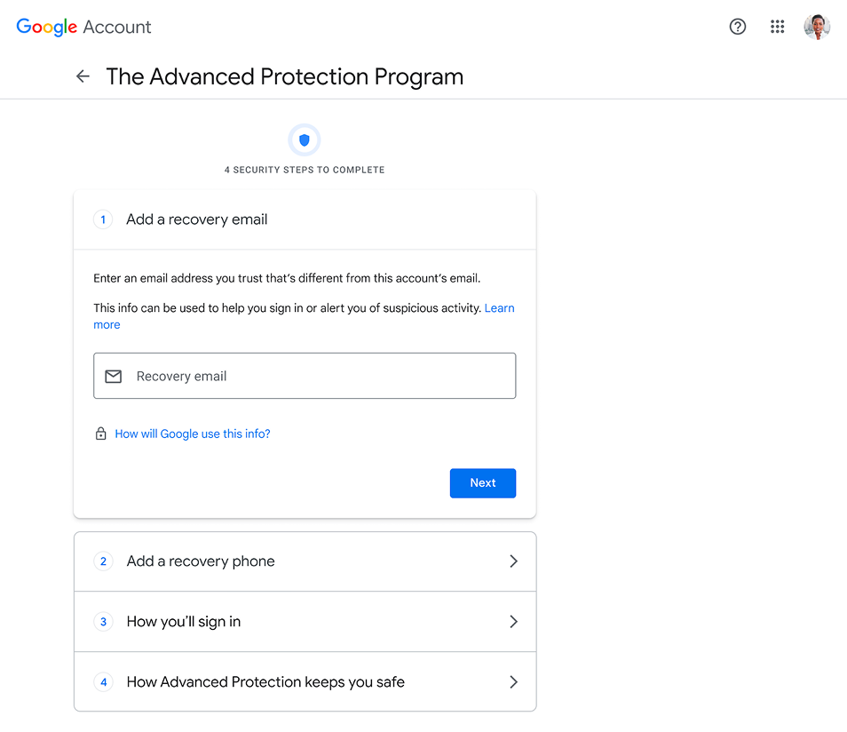 The Advanced Protection Program guided enrollment flow showing recovery email step