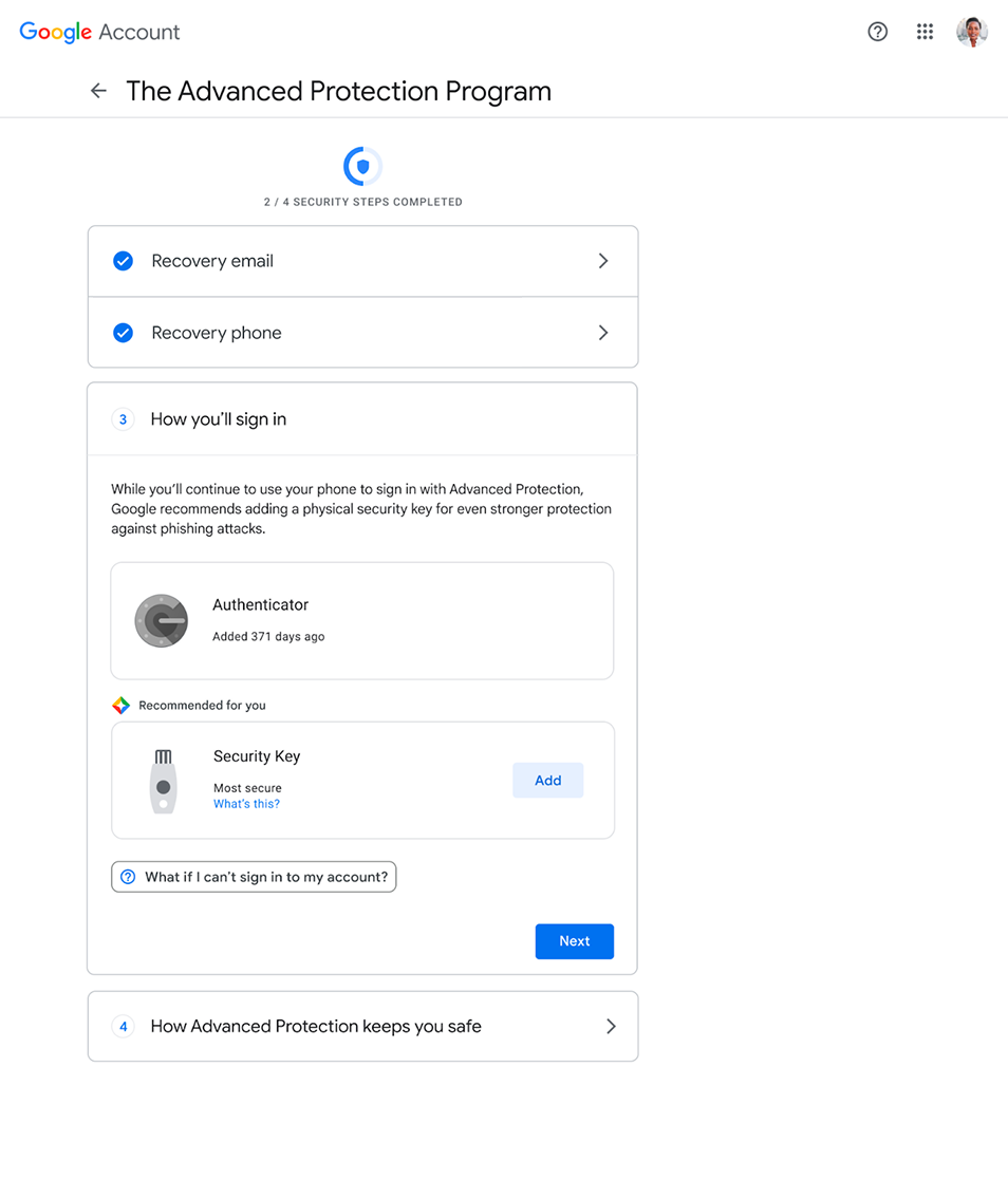 Enrollment flow showing auto-filled recovery options and security key recommendation