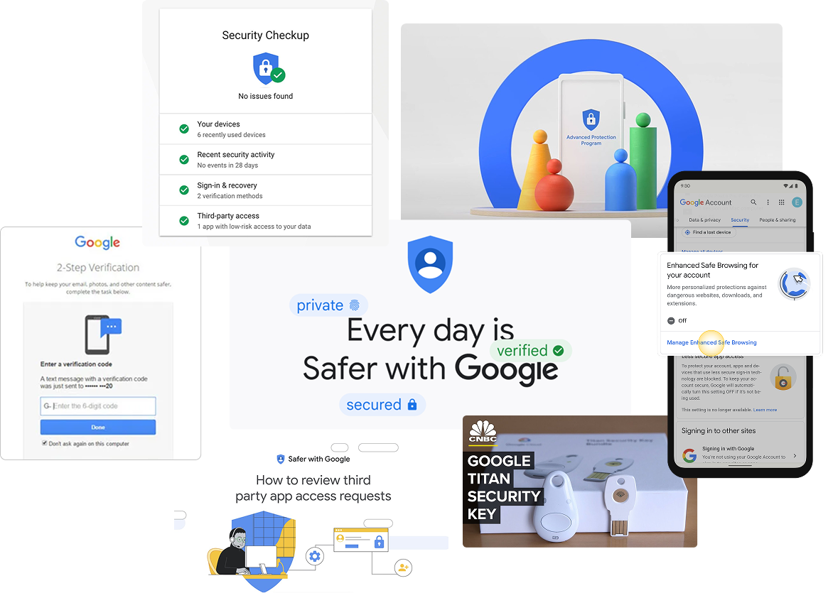 Collection of Google security features including Security Checkup, 2-Step Verification, Titan Security Key, and more