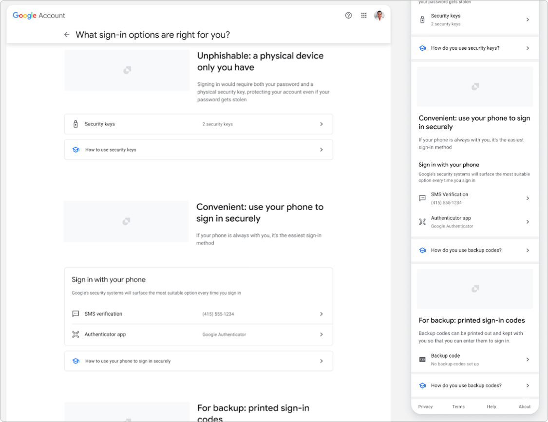 Sign-in options page with expanded sections showing progressive disclosure