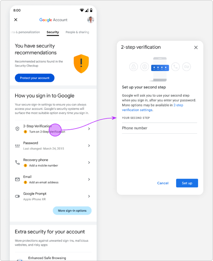P0 launch showing the 2SV onboarding entry point in Security Settings