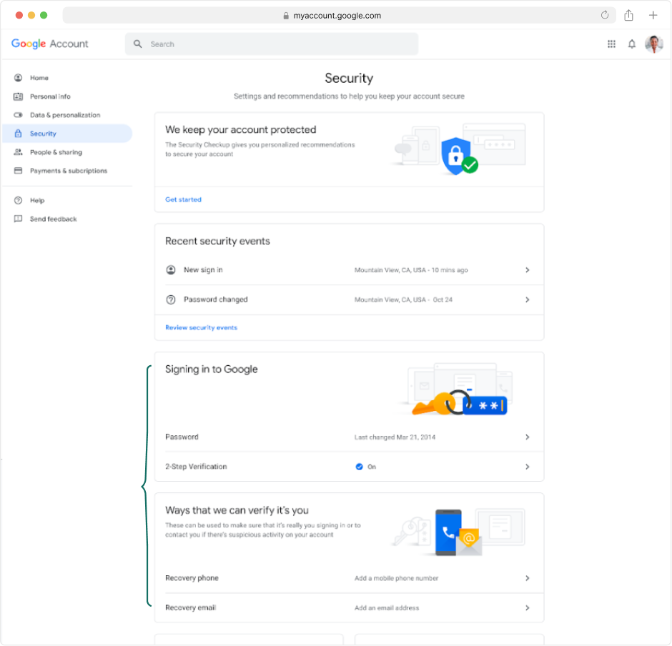 Google Account Security settings page showing the fragmented layout