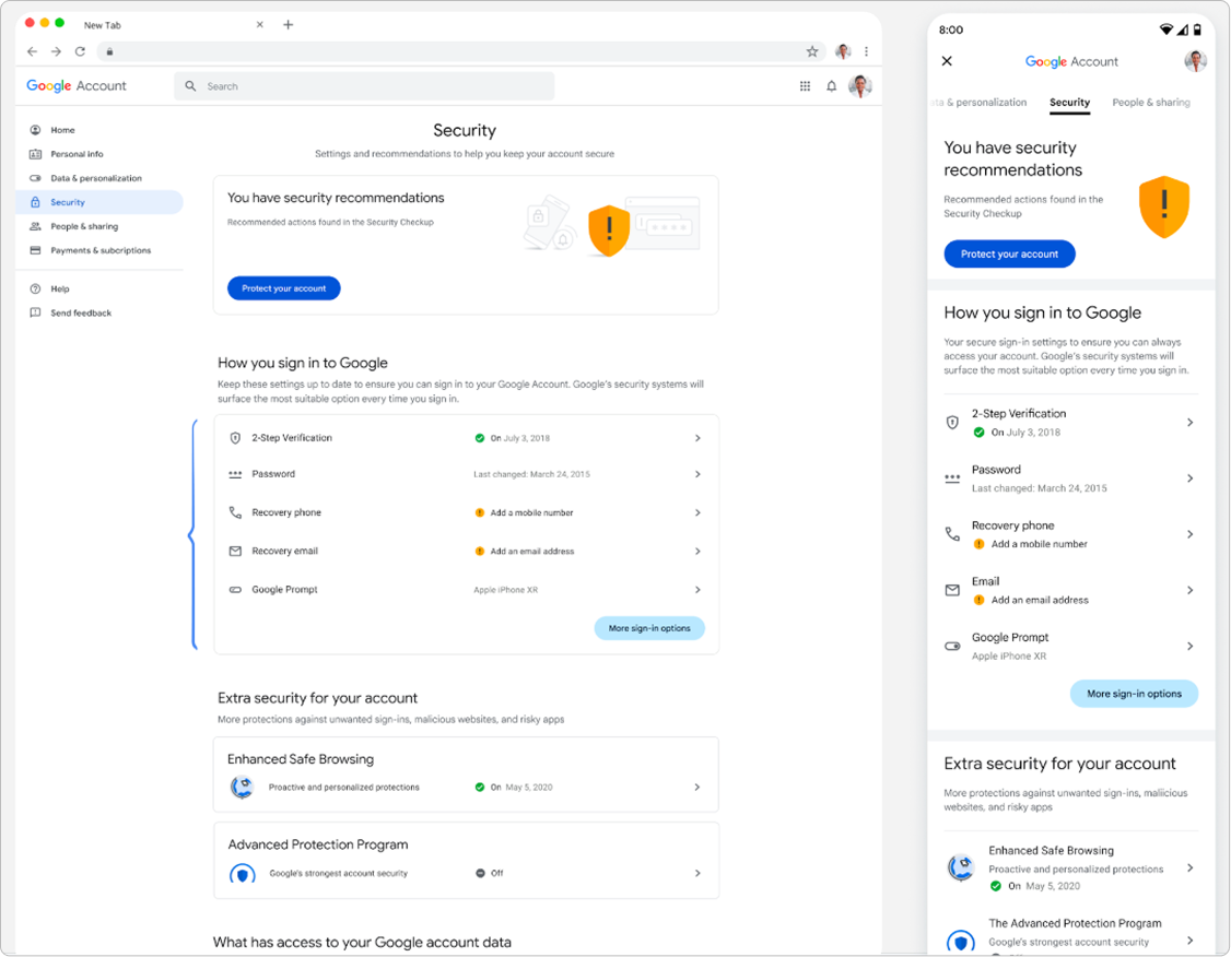 New Security settings design showing the simplified How you sign in to Google card