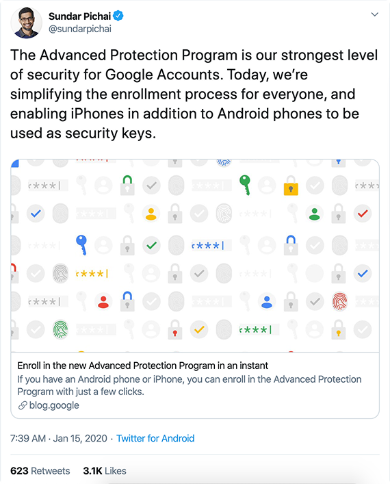 Sundar Pichai tweet about Advanced Protection and enrollment chart showing launch spike