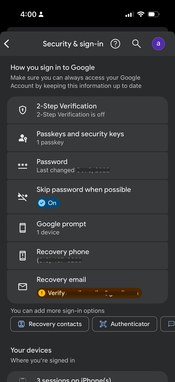 Google's current Security & sign-in page